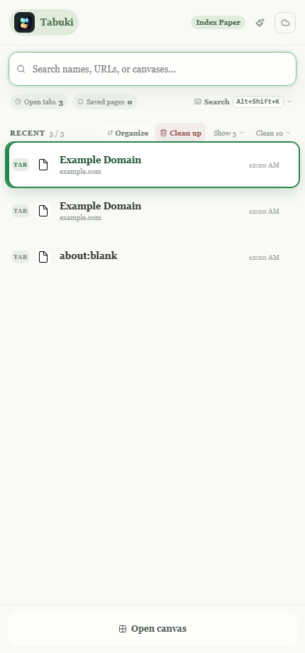 Tabuki side panel with recent tabs and saved pages